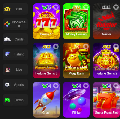 Main screen of 177Slots game page for PK players